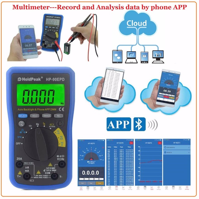 HoldPeak HP90EPD Mobile Phone APP Auto Range multimeter Digital AC DC